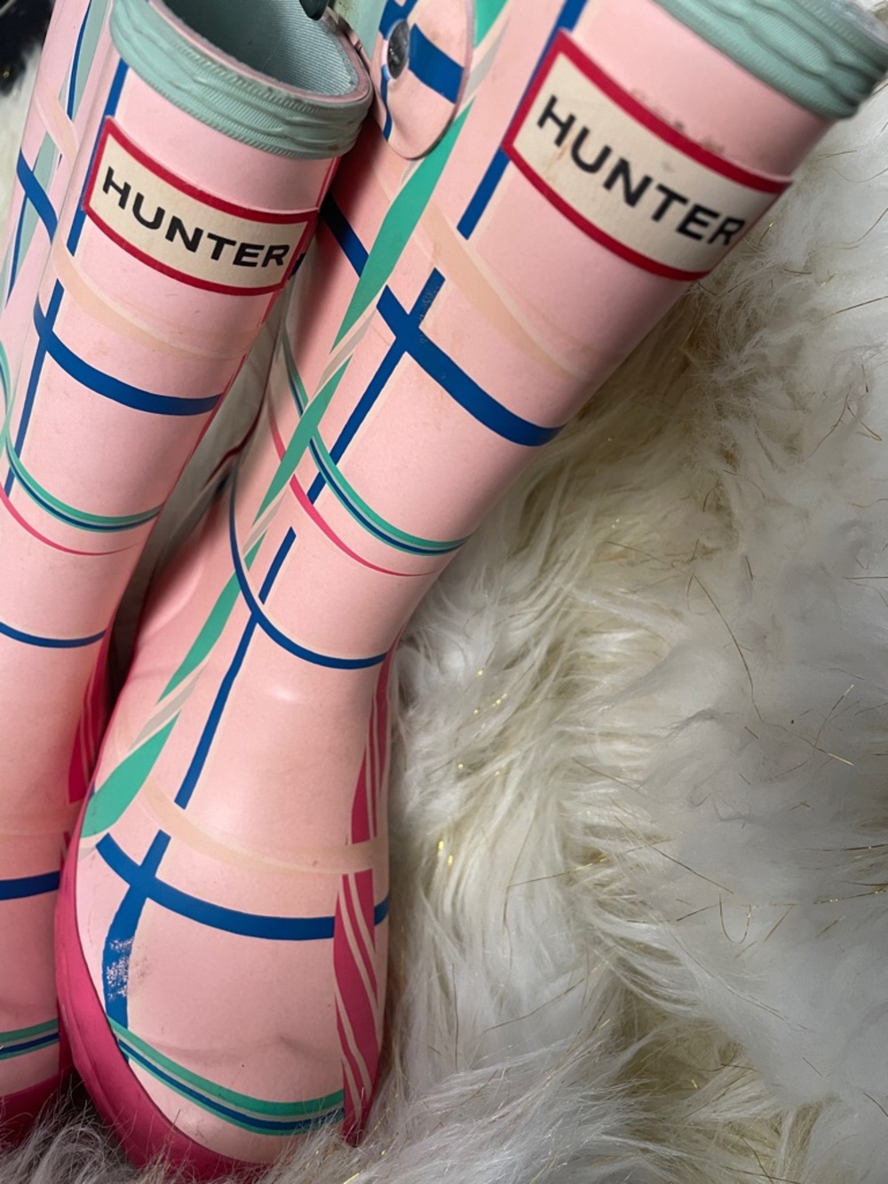 Hunter Pink and Teal Patterned Kids Rain Boots - Picture 12 of 13